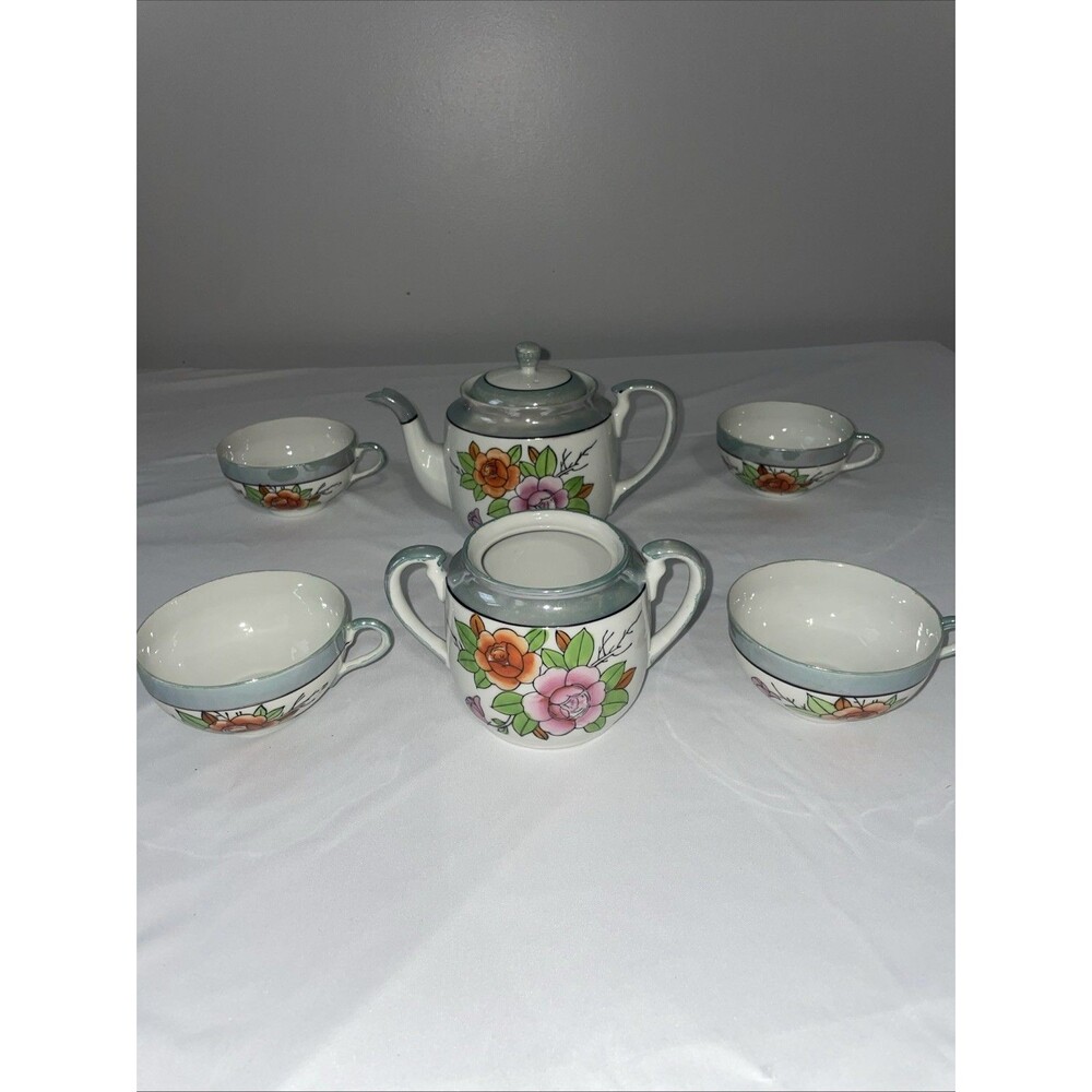 Cottagecore Vintage Japan Lusterware Tea Set Teapot Sugar 4 Cups Floral
